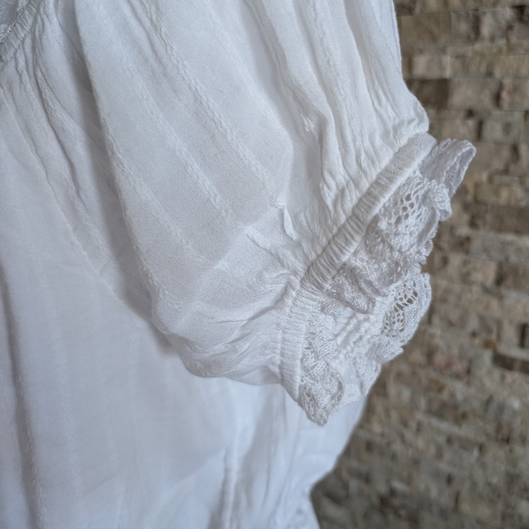 Coquette Cottage White Lace Trim Puff Sleeve Crop Top Blouse Cotton M - Picture 5 of 12